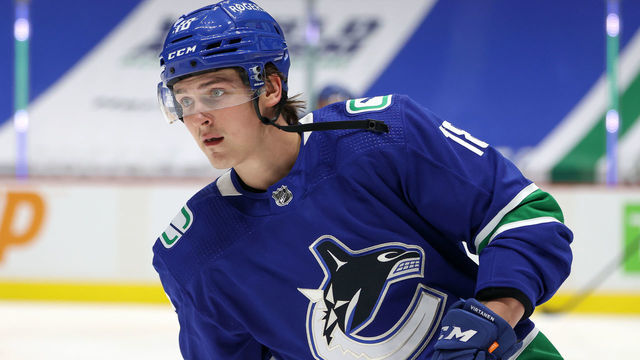 VANCOUVER, BC - APRIL 20: Vancouver Canucks Right Wing Jake Virtanen (18) warms up to play the Toronto Maple Leafs during their NHL game at Rogers Arena on April 20, 2021 in Vancouver, British Columbia, Canada.