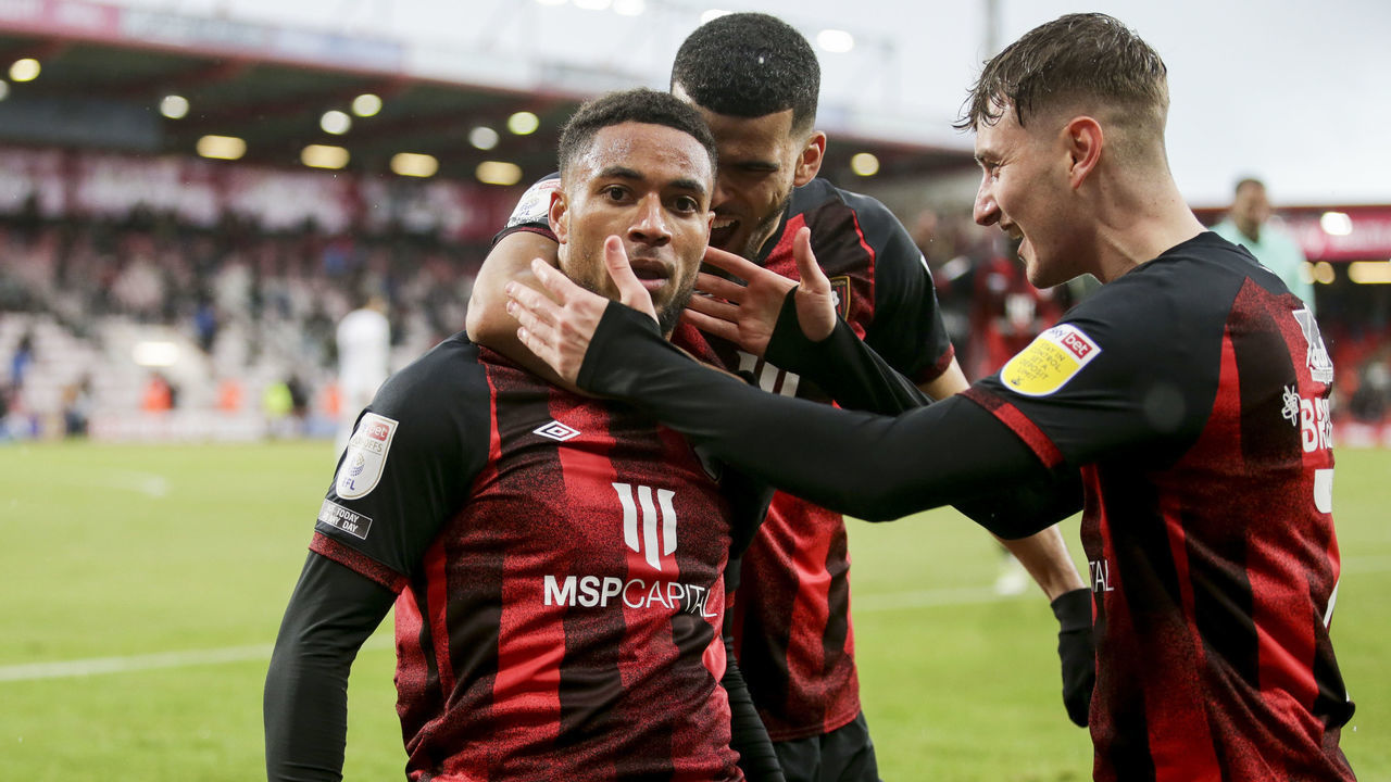 BOURNEMOUTH, ENGLAND - MAY 17: Arnaut Danjuma of Bournemouth celebrates after he scores a goal to make it 1-0 during the Sky Bet Championship Play-off Semi Final 1st Leg match between AFC Bournemouth and Brentford at Vitality Stadium on May 17, 2021 in Bournemouth, England.