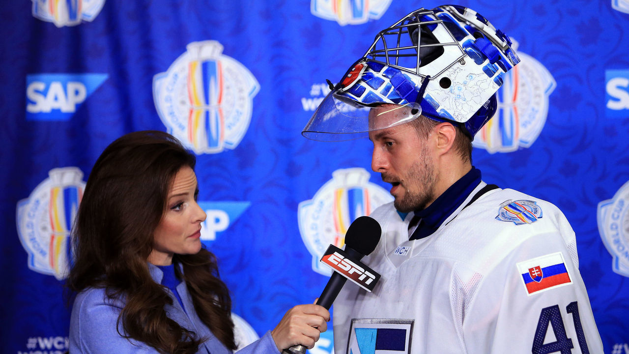 TORONTO, CANADA - SEPTEMBER 19: Jaroslav Halak #41 of Team Europe speaks to Leah Hextall of ESPN following victory in a World Cup of Hockey 2016 game against Team Czech Republic at Air Canada Centre on September 19, 2016 in Toronto, Canada.