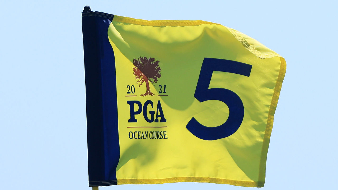 KIAWAH ISLAND, SOUTH CAROLINA - MAY 17: A pin flag is displayed on the fifth green during a practice round prior to the 2021 PGA Championship at Kiawah Island Resort's Ocean Course on May 17, 2021 in Kiawah Island, South Carolina.