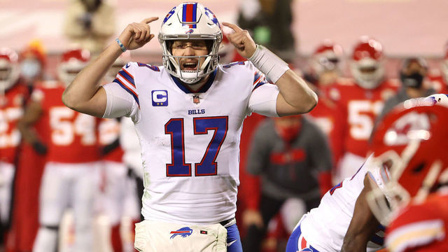 KANSAS CITY, MISSOURI - JANUARY 24: Josh Allen #17 of the Buffalo Bills gestures in the first half against the Kansas City Chiefs during the AFC Championship game at Arrowhead Stadium on January 24, 2021 in Kansas City, Missouri.