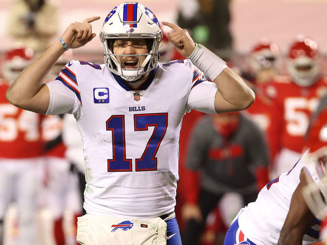 KANSAS CITY, MISSOURI - JANUARY 24: Josh Allen #17 of the Buffalo Bills gestures in the first half against the Kansas City Chiefs during the AFC Championship game at Arrowhead Stadium on January 24, 2021 in Kansas City, Missouri.