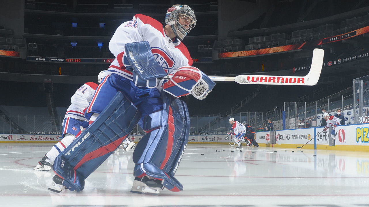 EDMONTON, AB - APRIL 19: Carey Price #31 of the Montreal Canadiens warms up prior to the game against the Edmonton Oilers on April 19, 2021 at Rogers Place in Edmonton, Alberta, Canada.