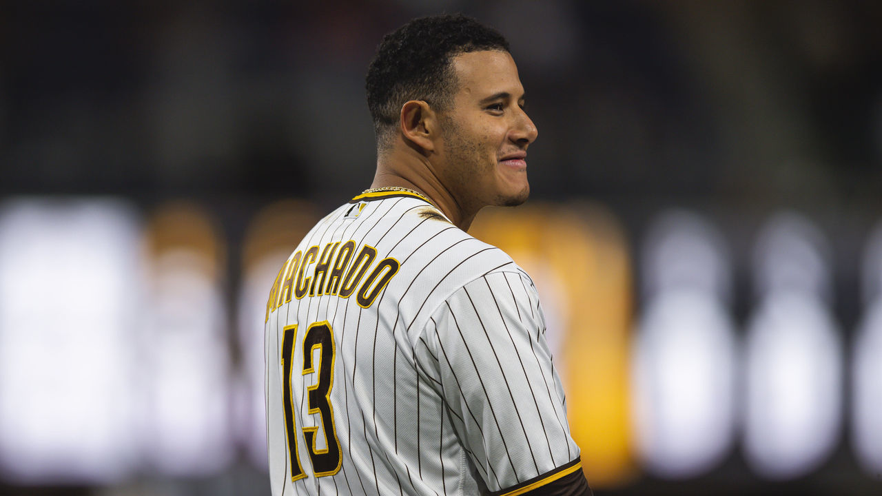 SAN DIEGO, CA - MAY 15: Manny Machado #13 of the San Diego Padres smiles after hitting a single in the sixth inning against the St Louis Cardinals at Petco Park on May 15, 2021 in San Diego, California.