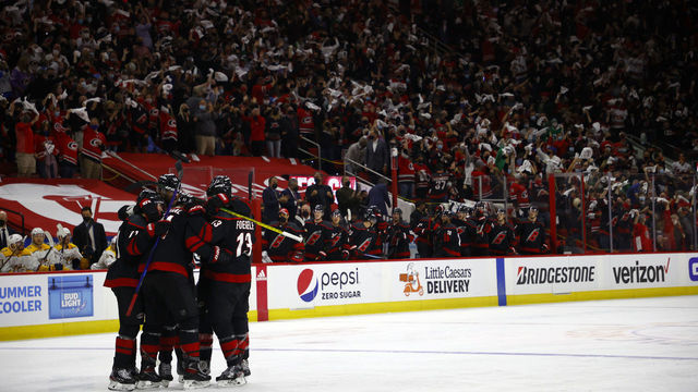 RALEIGH, NORTH CAROLINA - MAY 17: The Carolina Hurricanes celebrate following a goal by Jordan Staal #11 of the Carolina Hurricanes against the Nashville Predators during the third period in Game One of the First Round of the 2021 Stanley Cup Playoffs at PNC Arena on May 17, 2021 in Raleigh, North Carolina.