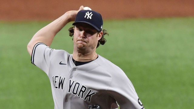 ST PETERSBURG, FLORIDA - MAY 12: Gerrit Cole #45 of the New York Yankees throws a pitch during the seventh inning against the Tampa Bay Rays at Tropicana Field on May 12, 2021 in St Petersburg, Florida.