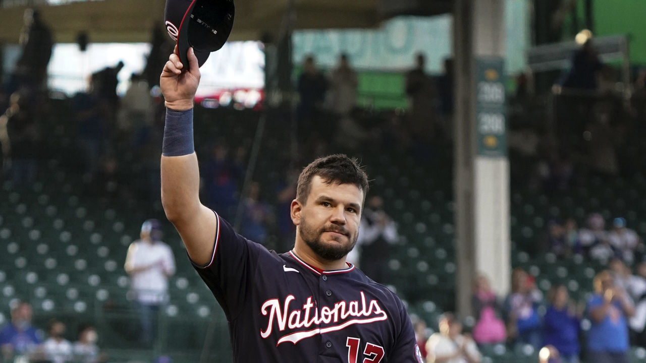 CHICAGO, ILLINOIS - MAY 17: Kyle Schwarber #12 of the Washington Nationals tips his hat prior to a game between the Chicago Cubs and the Washington Nationals at Wrigley Field on May 17, 2021 in Chicago, Illinois.