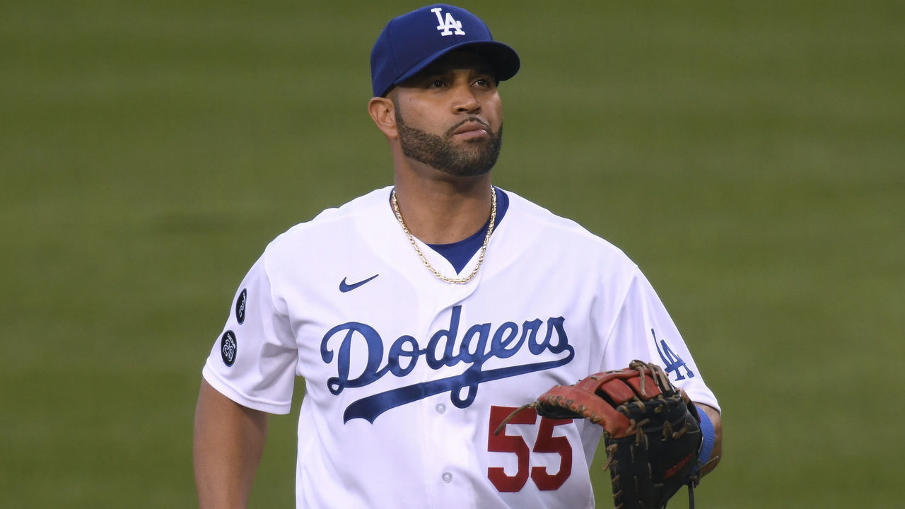 LOS ANGELES, CALIFORNIA - MAY 17: Albert Pujols #55 of the Los Angeles Dodgers makes his way off the field playing his first game as a Dodger, against the Arizona Diamondbacks during the first inning at Dodger Stadium on May 17, 2021 in Los Angeles, California.