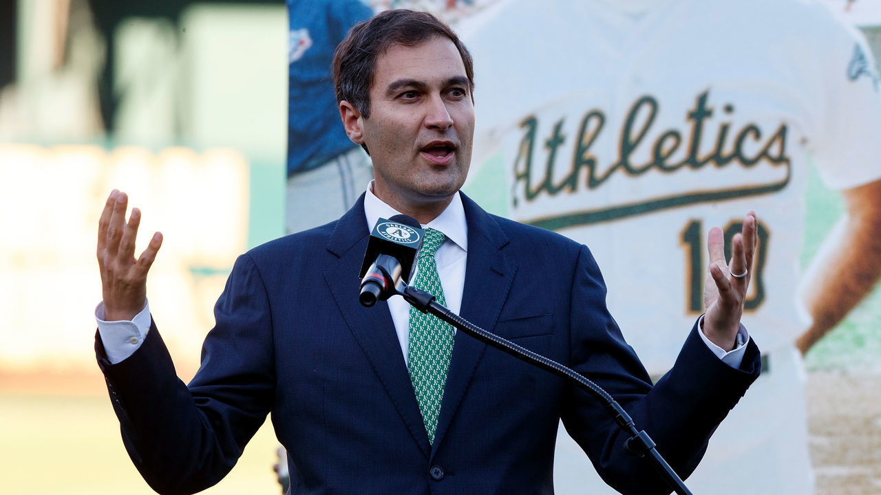 OAKLAND, CA - SEPTEMBER 21: Oakland Athletics president Dave Kaval speaks during the team"u2019s Hall of Fame ceremony before the game against the Texas Rangers at the RingCentral Coliseum on September 21, 2019 in Oakland, California. The Oakland Athletics defeated the Texas Rangers 12-3.