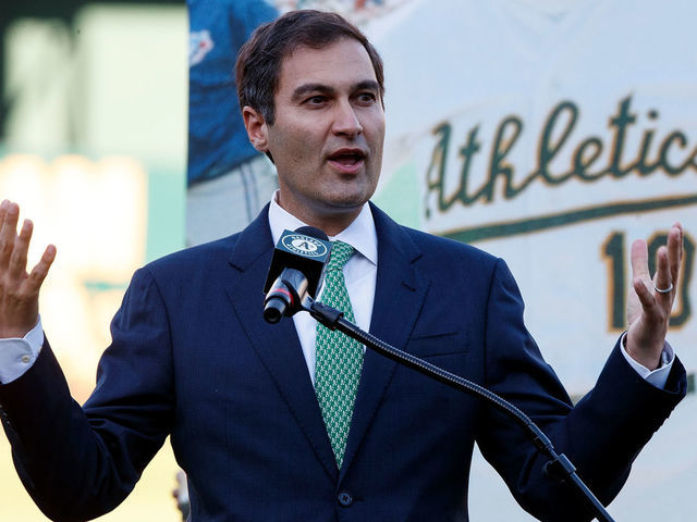OAKLAND, CA - SEPTEMBER 21: Oakland Athletics president Dave Kaval speaks during the team"u2019s Hall of Fame ceremony before the game against the Texas Rangers at the RingCentral Coliseum on September 21, 2019 in Oakland, California. The Oakland Athletics defeated the Texas Rangers 12-3.