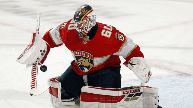 SUNRISE, FL - MAY 10: Goaltender Chris Driedger #60 of the Florida Panthers defends the net against the Tampa Bay Lightning at the BB&T Center on May 10, 2021 in Sunrise, Florida.