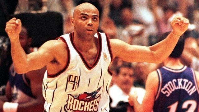 Houston Rockets player Charles Barkley reacts to a basket 25 May in game four of the NBA Western Conference championship against the Utah Jazz at The Summit in Houston, TX. The Rockets beat the Jazz 95-92 to even the best-of-seven series at 2-2. AFP PHOTO/ROBERT SULLIVAN