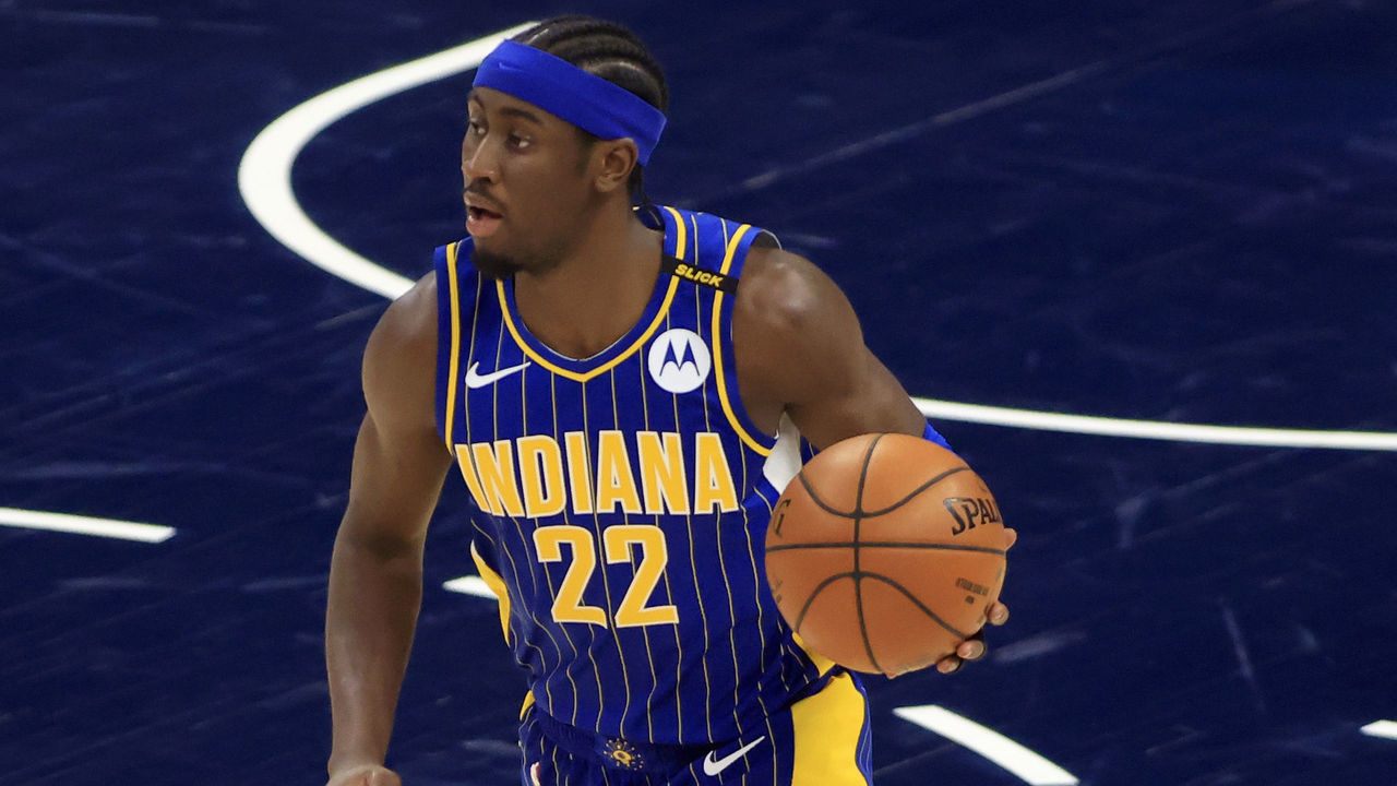 INDIANAPOLIS, INDIANA - MAY 15: Caris LeVert #22 of the Indiana Pacers brings the ball up the court in the game against the Los Angeles Lakers during the first quarter at Bankers Life Fieldhouse on May 15, 2021 in Indianapolis, Indiana.