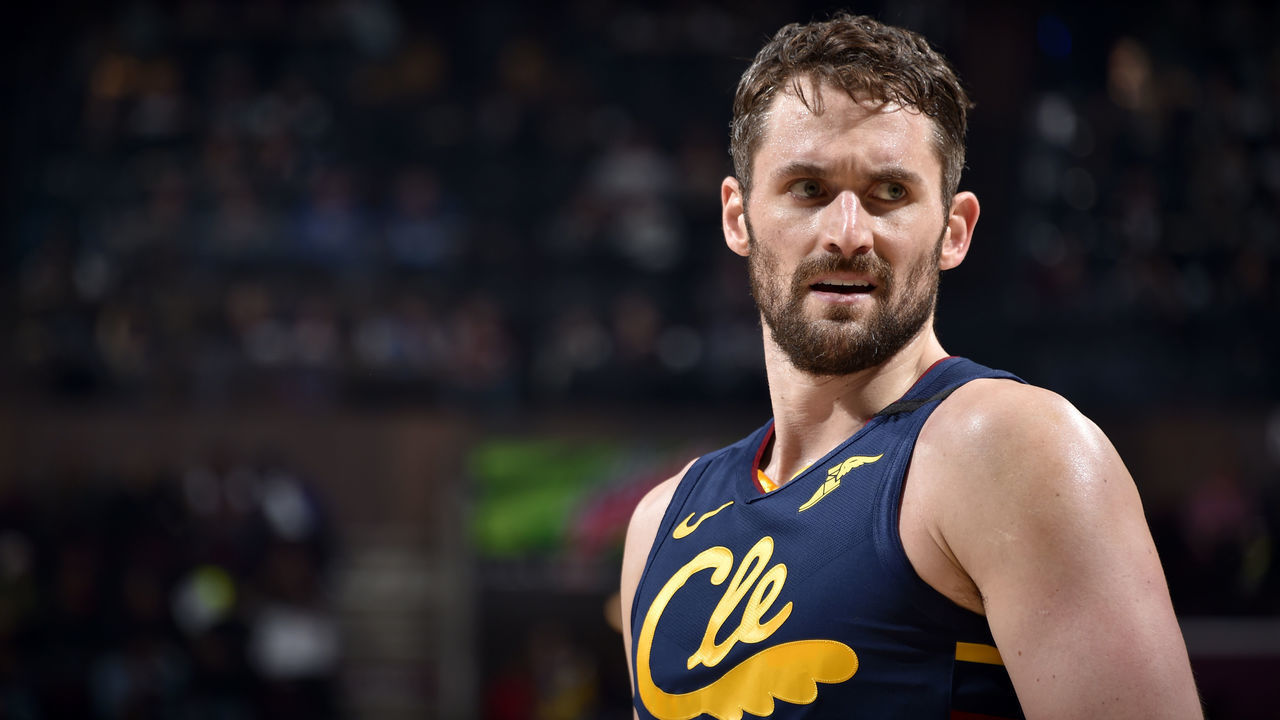 CLEVELAND, OH - MARCH 4: Kevin Love #0 of the Cleveland Cavaliers looks on during the game against the Boston Celtics on March 4, 2020 at Rocket Mortgage FieldHouse in Cleveland, Ohio. NOTE TO USER: User expressly acknowledges and agrees that, by downloading and/or using this Photograph, user is consenting to the terms and conditions of the Getty Images License Agreement. Mandatory Copyright Notice: Copyright 2020 NBAE