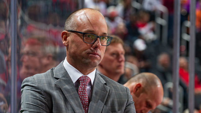 DETROIT, MI - OCTOBER 08: Head coach Jeff Blashill of the Detroit Red Wings watches the action from the bench against the Anaheim Ducks during an NHL game at Little Caesars Arena on October 8, 2019 in Detroit, Michigan. Anaheim defeated Detroit 3-1.