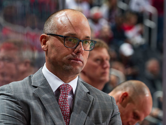 DETROIT, MI - OCTOBER 08: Head coach Jeff Blashill of the Detroit Red Wings watches the action from the bench against the Anaheim Ducks during an NHL game at Little Caesars Arena on October 8, 2019 in Detroit, Michigan. Anaheim defeated Detroit 3-1.