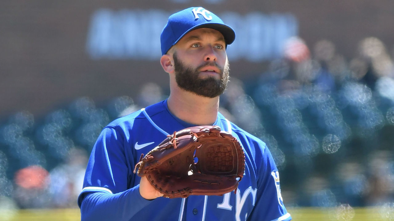 DETROIT, MI - APRIL 25: Danny Duffy #30 of the Kansas City Royals looks on during the game against the Detroit Tigers at Comerica Park on April 25, 2021 in Detroit, Michigan. The Royals defeated the Tigers 4-0.