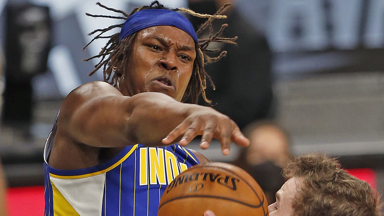 SAN ANTONIO, TX - APRIL 03: Myles Turner #33 of the Indiana Pacers blocks shot of Jakob Poeltl #25 of the San Antonio Spurs in the first half at AT&T Center on April 3, 2021 in San Antonio, Texas.