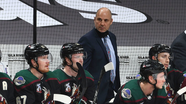 GLENDALE, ARIZONA - APRIL 30: Head coach Rick Tocchet of the Arizona Coyotes looks on from the bench against the Vegas Golden Knights at Gila River Arena on April 30, 2021 in Glendale, Arizona.