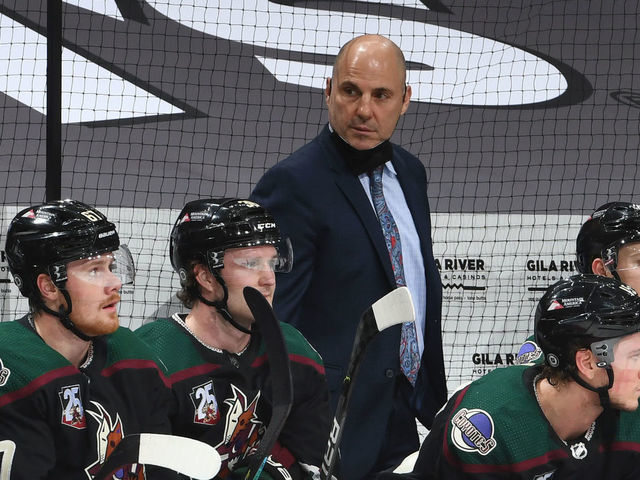 GLENDALE, ARIZONA - APRIL 30: Head coach Rick Tocchet of the Arizona Coyotes looks on from the bench against the Vegas Golden Knights at Gila River Arena on April 30, 2021 in Glendale, Arizona.