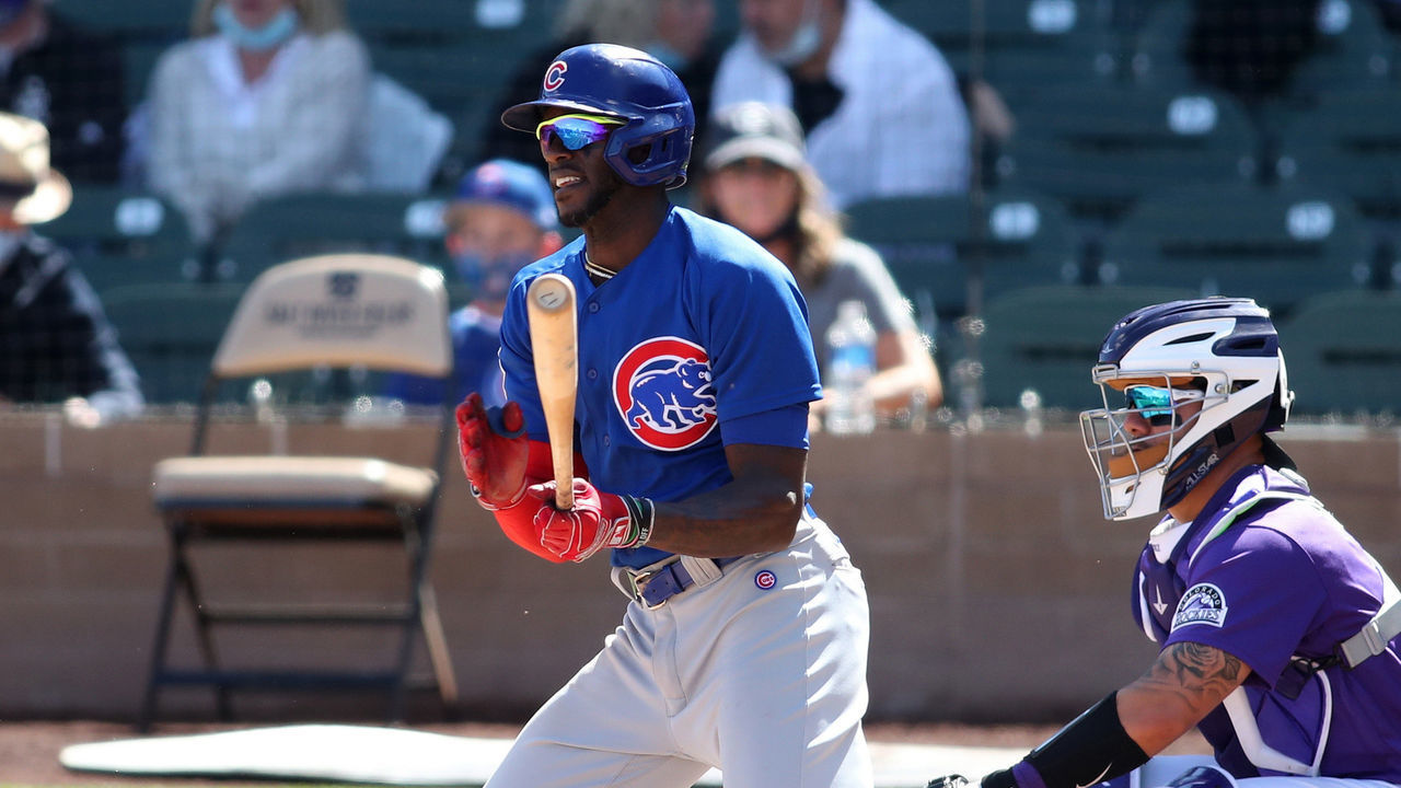 SCOTTSDALE, AZ - MARCH 11: Cameron Maybin #15 of the Chicago Cubs bats during the game against the Colorado Rockies at Salt River Fields at Talking Stick on March 11, 2021 in Scottsdale, Arizona. The Cubs defeated the Rockies 8-6.