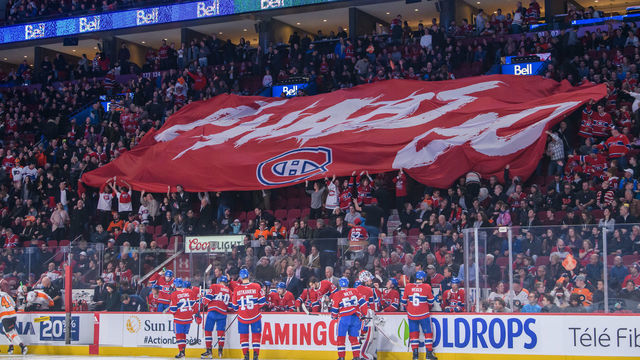 MONTREAL, QC - NOVEMBER 30: The Go Habs Go banner makes his way across the fans during the first period of the NHL game between the Philadelphia Flyers and the Montreal Canadiens on November 30, 2019, at the Bell Centre in Montreal, QC