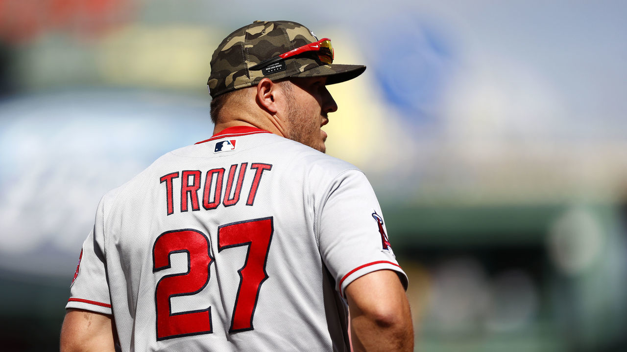 BOSTON, MASSACHUSETTS - MAY 15: Mike Trout #27 of the Los Angeles Angels looks on before the game against the Boston Red Sox at Fenway Park on May 15, 2021 in Boston, Massachusetts.