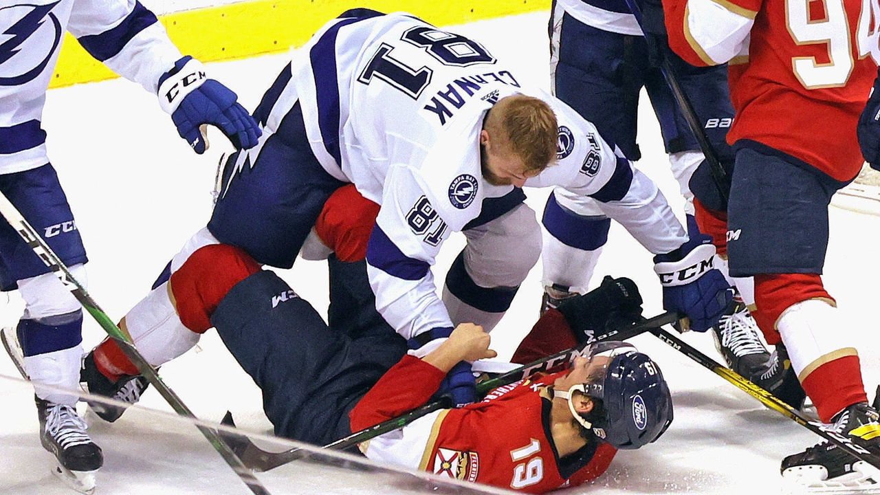 SUNRISE, FLORIDA - MAY 18: Erik Cernak #81 of the Tampa Bay Lightning battles with Mason Marchment #19 of the Florida Panthers in the closing minutes of Game Two of the First Round of the 2021 Stanley Cup Playoffs at the BB&T Center on May 18, 2021 in Sunrise, Florida. The Lightning defeated the Panthers 3-1.