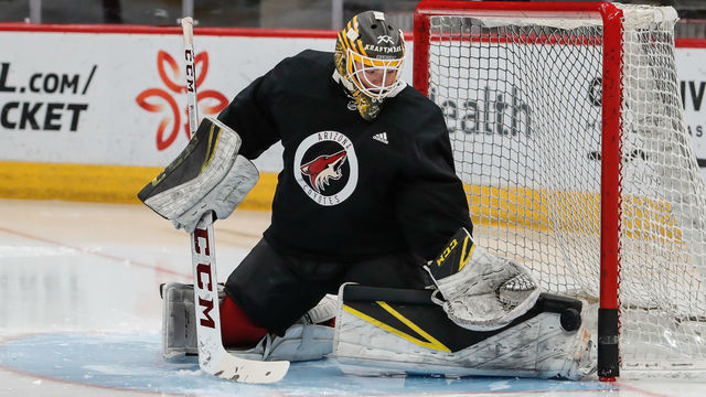 GLENDALE, AZ - JUNE 27: Arizona Coyotes goaltender Erik Kallgren (70) makes a save during the Arizona Coyotes Development Camp on June 27, 2019 at Gila River Arena in Glendale, Arizona.