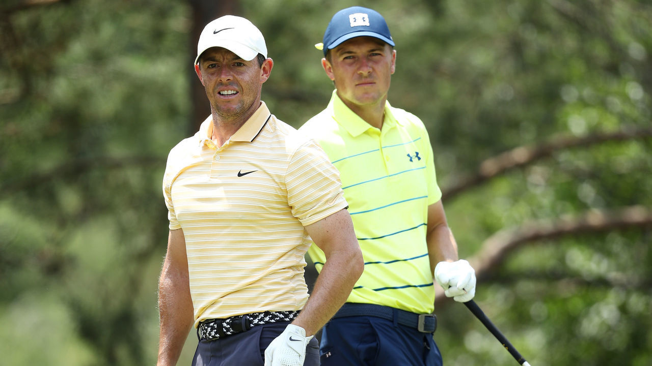 DUBLIN, OHIO - JULY 19: Rory McIlroy of Northern Ireland and Jordan Spieth of the United States look on from the second tee during the final round of The Memorial Tournament on July 19, 2020 at Muirfield Village Golf Club in Dublin, Ohio.