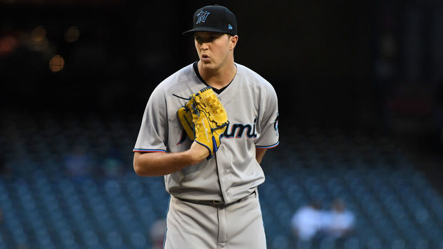 PHOENIX, ARIZONA - MAY 13: Trevor Rogers #28 of the Miami Marlins delivers a pitch against the Arizona Diamondbacks at Chase Field on May 13, 2021 in Phoenix, Arizona.