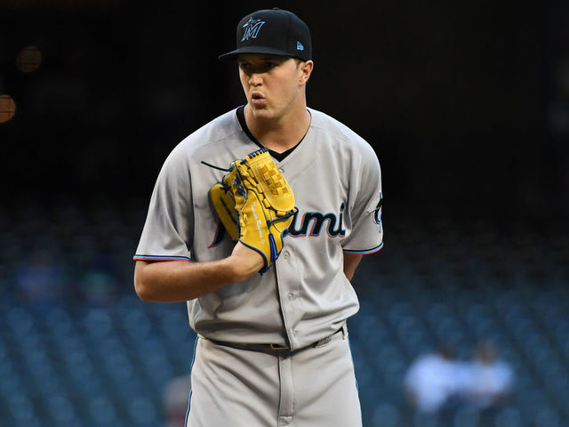 Miami Marlins pitcher Trevor Rogers (28) pitches during the third