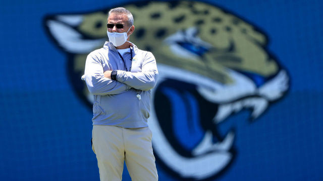 JACKSONVILLE, FLORIDA - MAY 15: Head coach of the Jacksonville Jaguars Urban Meyer watches the action during Jacksonville Jaguars Training Camp at TIAA Bank Field on May 15, 2021 in Jacksonville, Florida.