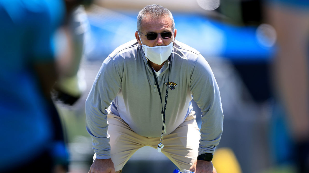 JACKSONVILLE, FLORIDA - MAY 15: Head coach of the Jacksonville Jaguars Urban Meyer watches the action during Jacksonville Jaguars Training Camp at TIAA Bank Field on May 15, 2021 in Jacksonville, Florida.