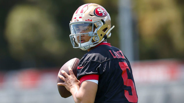 SANTA CLARA, CALIFORNIA - MAY 14: Trey Lance #5 of the San Francisco 49ers works out during an OTA rookie mini camp at SAP Performance Facility on May 14, 2021 in Santa Clara, California.