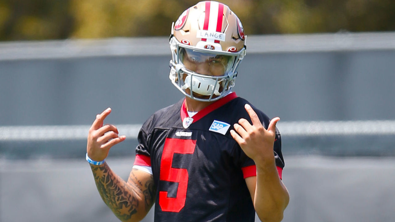 SANTA CLARA, CALIFORNIA - MAY 14: Trey Lance #5 of the San Francisco 49ers works out during an OTA rookie mini camp at SAP Performance Facility on May 14, 2021 in Santa Clara, California.