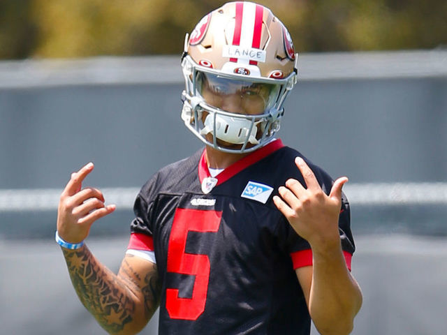 SANTA CLARA, CALIFORNIA - MAY 14: Trey Lance #5 of the San Francisco 49ers works out during an OTA rookie mini camp at SAP Performance Facility on May 14, 2021 in Santa Clara, California.
