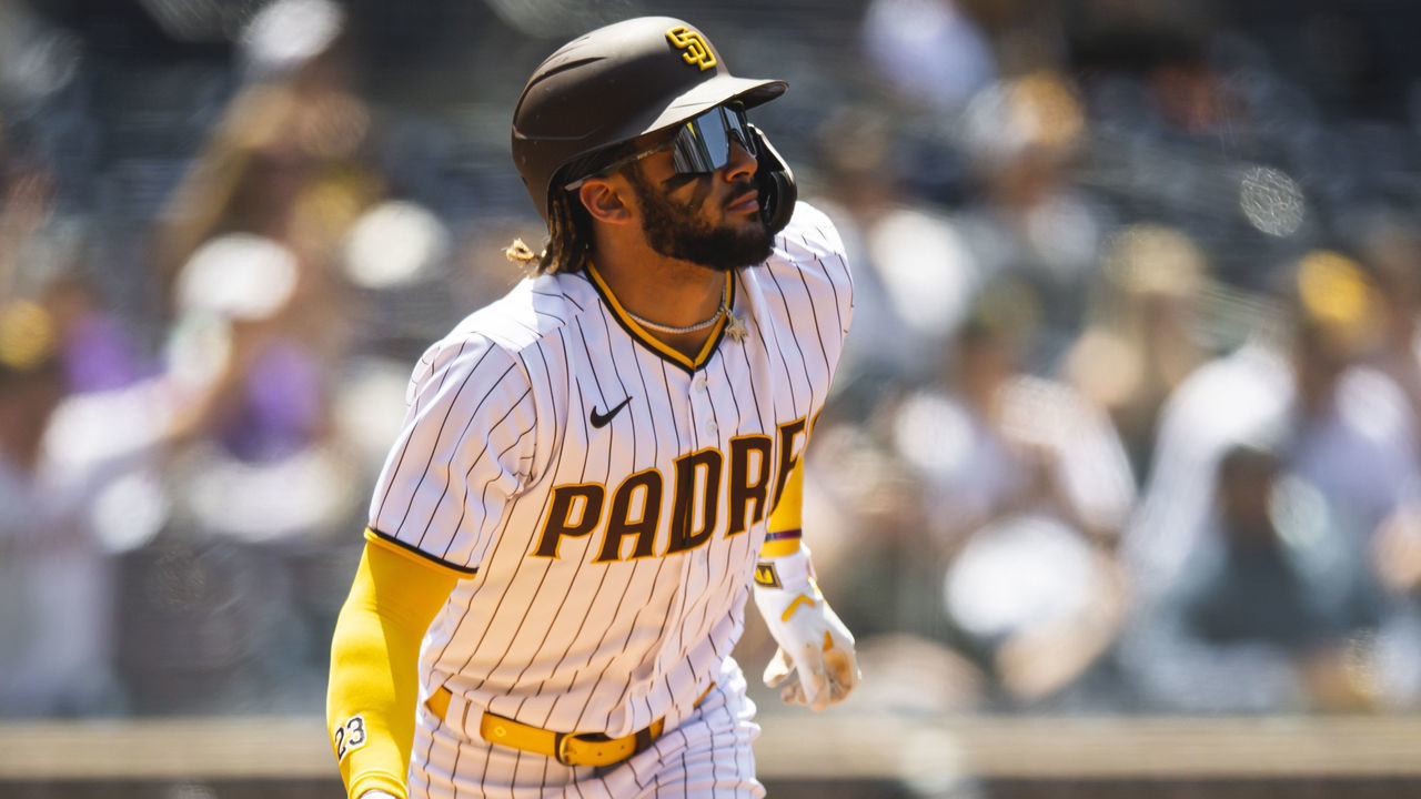 SAN DIEGO, CA - MAY 19: Fernando Tatis Jr. #23 of the San Diego Padres hits a home run in the fourth inning against the Colorado Rockies at Petco Park on May 19, 2021 in San Diego, California.