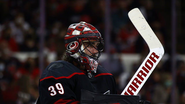 RALEIGH, NORTH CAROLINA - MAY 19: Alex Nedeljkovic #39 of the Carolina Hurricanes looks on during the second period in Game Two of the First Round of the 2021 Stanley Cup Playoffs against the Nashville Predators at PNC Arena on May 19, 2021 in Raleigh, North Carolina.