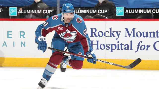 DENVER, COLORADO - MARCH 29: Nazem Kadri #91 of the Colorado Avalanche skates against the Anaheim Ducks at Ball Arena on March 29, 2021 in Denver, Colorado.