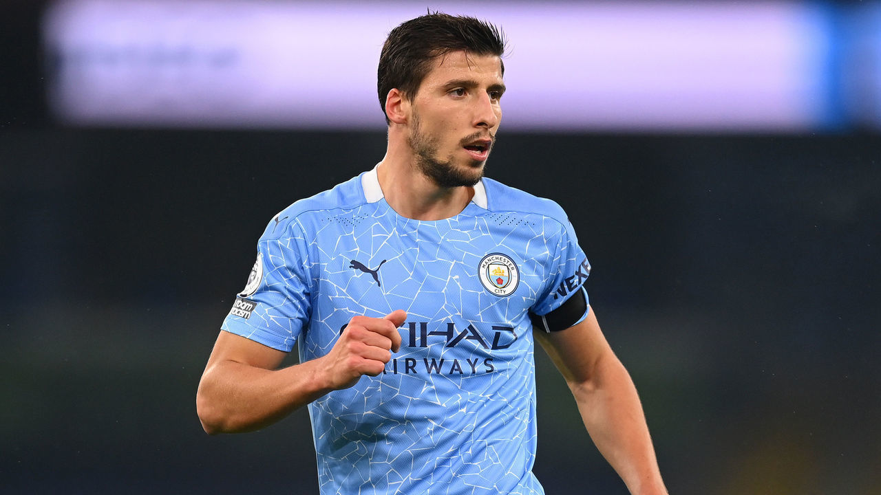 MANCHESTER, ENGLAND - NOVEMBER 28: Ruben Dias of Manchester City reacts during the Premier League match between Manchester City and Burnley at Etihad Stadium on November 28, 2020 in Manchester, England. Sporting stadiums around the UK remain under strict restrictions due to the Coronavirus Pandemic as Government social distancing laws prohibit fans inside venues resulting in games being played behind closed doors.