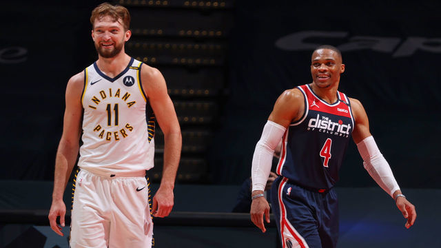 WASHINGTON, DC - MAY 3: Domantas Sabonis #11 of the Indiana Pacers and Russell Westbrook #4 of the Washington Wizards smile during the game on May 3, 2021 at Capital One Arena in Washington, DC. Mandatory Copyright Notice: Copyright 2021 NBAE