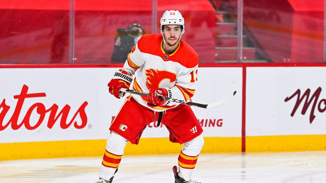 MONTREAL, QC - APRIL 14: Calgary Flames left wing Johnny Gaudreau (13) tracks the play during the Calgary Flames versus the Montreal Canadiens game on April 14, 2021, at Bell Centre in Montreal, QC
