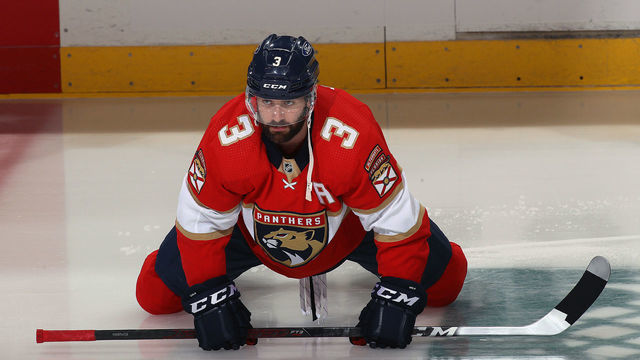 SUNRISE, FL - MAY 18: Keith Yandle #3 of the Florida Panthers stretches on the ice prior to the start of the game against the Tampa Bay Lightning in Game Two of the First Round of the 2021 Stanley Cup Playoffs at the BB&T Center on May 18, 2021 in Sunrise, Florida.