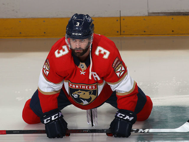 SUNRISE, FL - MAY 18: Keith Yandle #3 of the Florida Panthers stretches on the ice prior to the start of the game against the Tampa Bay Lightning in Game Two of the First Round of the 2021 Stanley Cup Playoffs at the BB&T Center on May 18, 2021 in Sunrise, Florida.