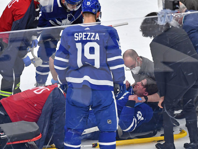 TORONTO, ON - MAY 20: Toronto Maple Leafs Center John Tavares (91) is loaded onto a stretcher after being injured during game one of the NHL Stanley Cup Playoffs First Round between the Montreal Canadiens and Toronto Maple Leafs on May 20, 2021 at Scotiabank Arena in Toronto, ON.