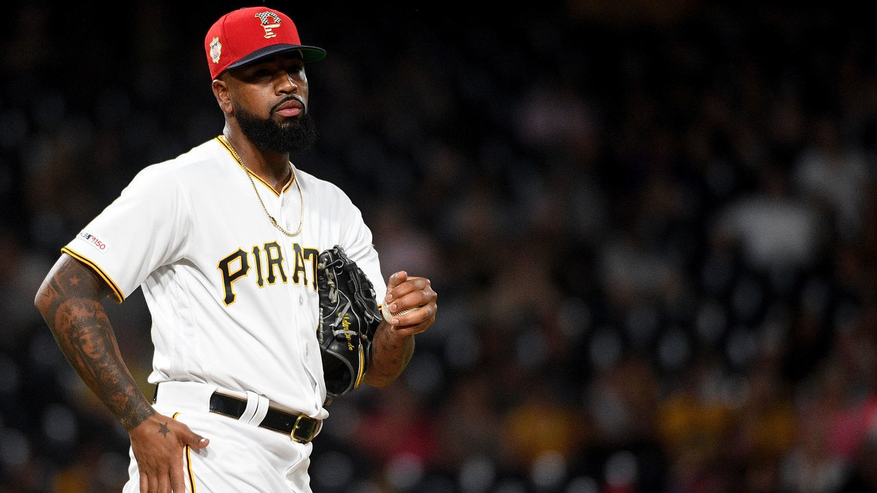 PITTSBURGH, PA - JULY 05: Felipe Vazquez #73 of the Pittsburgh Pirates reacts after allowing an RBI single to Lorenzo Cain #6 of the Milwaukee Brewers in the tenth inning during the game at PNC Park on July 5, 2019 in Pittsburgh, Pennsylvania.