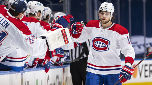 TORONTO, ON - MAY 20: Josh Anderson #17 of the Montreal Canadiens celebrates his goal against the Toronto Maple Leafs during the first period in Game One of the First Round of the 2021 Stanley Cup Playoffs at the Scotiabank Arena on May 20, 2021 in Toronto, Ontario, Canada.