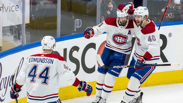 TORONTO, ON - MAY 20: Paul Byron #41 of the Montreal Canadiens celebrates his goal against the Toronto Maple Leafs with teammates Joel Armia #40 and Joel Edmundson #44 during the third period in Game One of the First Round of the 2021 Stanley Cup Playoffs at the Scotiabank Arena on May 20, 2021 in Toronto, Ontario, Canada.
