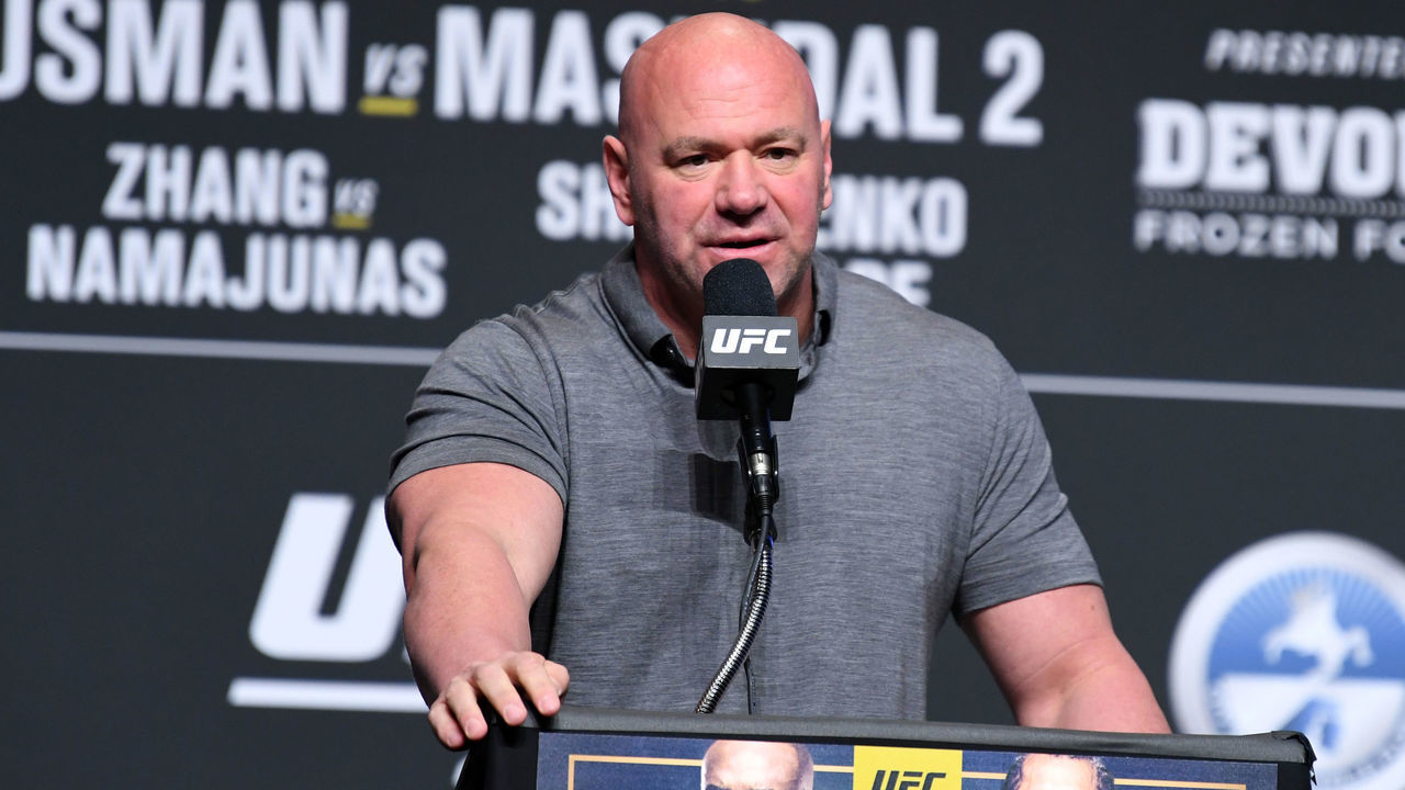 JACKSONVILLE, FLORIDA - APRIL 22: UFC President Dana White interacts with media during the UFC 261 press conference at VyStar Veterans Memorial Arena on April 22, 2021 in Jacksonville, Florida.